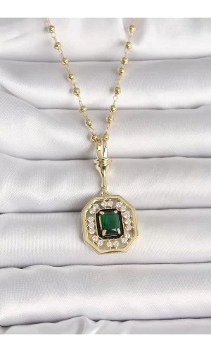 316L Çelik Gold Renk Topçuk Zincir Yeşil Taşlı Seranay Model Kadın Kolye