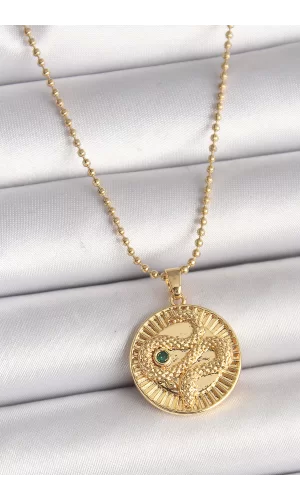 316L Çelik Gold Renk Topçuk Zincir Yılan İşlemeli Zirkon Taş Detaylı Madalyon Model Kadın Kolye