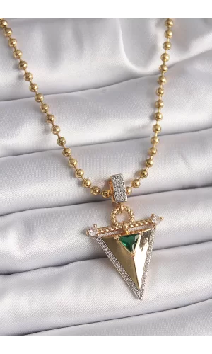 316L Çelik Gold Renk Topçuk Zincir Zirkon Taşlı 3D Üçgen Model Kadın Kolye