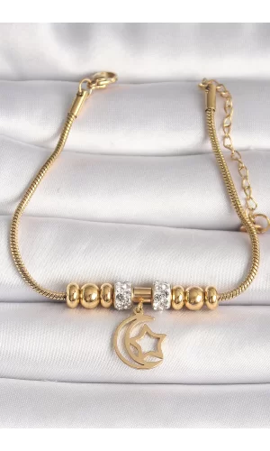 316L Çelik Gold Renk Tüp Zincir Zirkon Taş Detaylı Sallantı Ay Yıldız Figür Kadın Bileklik
