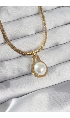 316L Çelik Gold Renk Yassı Zincir İnci Taşlı Kolye