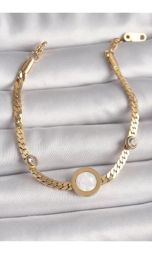 316L Çelik Gold Renk Yassı Zincir Model Zirkon Taş Detaylı Beyaz Mineli Madalyon Model Kadın Bileklik
