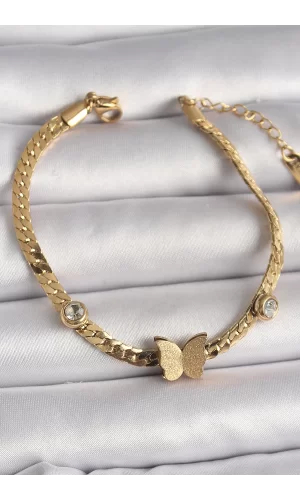 316L Çelik Gold Renk Yassı Zincir Zirkon Taşlı Simli Kelebek Figür Kadın Bileklik