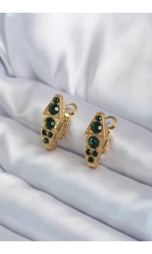316L Çelik Gold Renk Yeşil Kristal Taş Detay Yılan Model Kadın Küpe