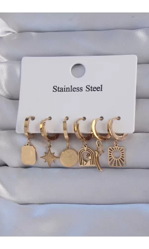 316L Çelik Gold Renk Yıldız Figürlü Tarot Model Halka Küpe Seti