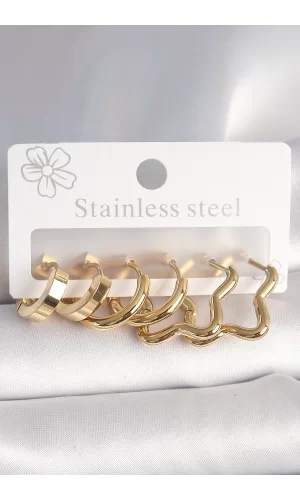 316L Çelik Gold Renk Yıldız Halka Model Kadın Küpe Seti