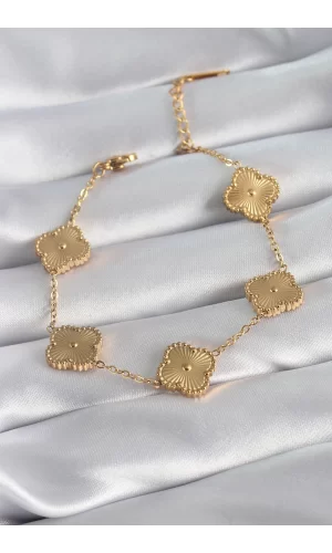 316L Çelik Gold Renk Yonca Model İşleme Detay Kadın Bileklik