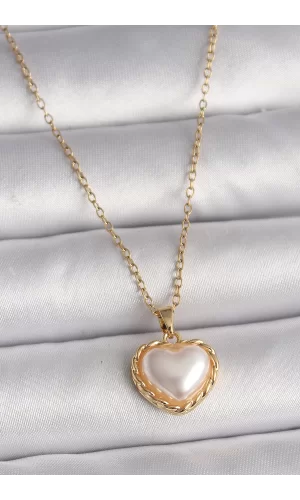 316L Çelik Gold Renk Zincir 3D İnci Kalp Model Kadın Kolye