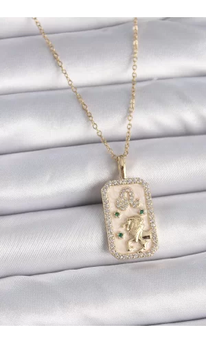 316L Çelik Gold Renk Zincir Aslan Burcu Zirkon Taşlı Kadın Kolye