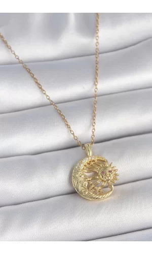 316L Çelik Gold Renk Zincir Ay Güneş Model Zirkon Taş Detaylı Kadın Kolye