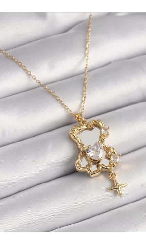 316L Çelik Gold Renk Zincir Ayna Ayıcık Model Zirkon Taşlı Kalp Model Kadın Kolye