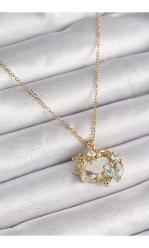 316L Çelik Gold Renk Zincir Ayna Kalp Model Zirkon Taşlı Kalp Model Kadın Kolye