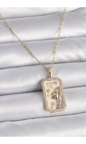316L Çelik Gold Renk Zincir Başak Burcu Zirkon Taşlı Kadın Kolye