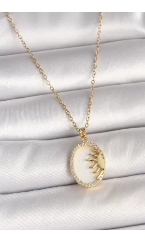 316L Çelik Gold Renk Zincir Beyaz Mineli Gün Batımı Model Zirkon Taş Detay Kadın Kolye