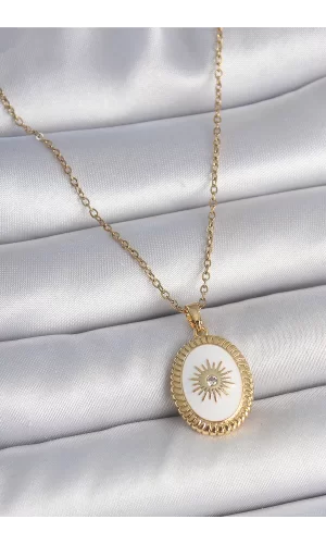 316L Çelik Gold Renk Zincir Beyaz Mineli Güneş İşlemeli Zirkon Taş Detaylı Madalyon Model Kadın Kolye
