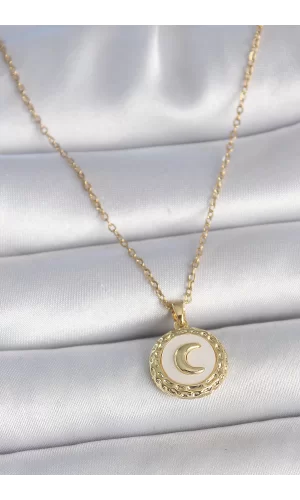 316L Çelik Gold Renk Zincir Beyaz Mineli Hilal İşlemeli Madalyon Model Kadın Kolye