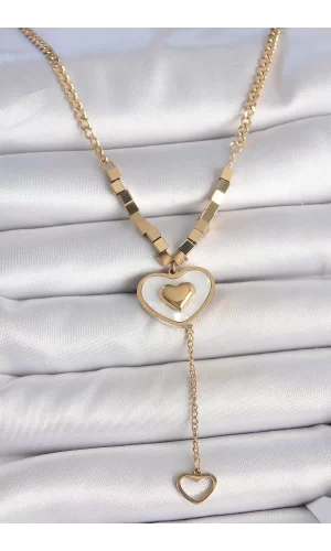 316L Çelik Gold Renk Zincir Beyaz Mineli Kalp Figür Sallantı Detay Kadın Kolye