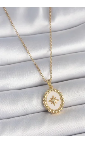 316L Çelik Gold Renk Zincir Beyaz Mineli Kutup Yıldız İşlemeli Madalyon Model Kadın Kolye
