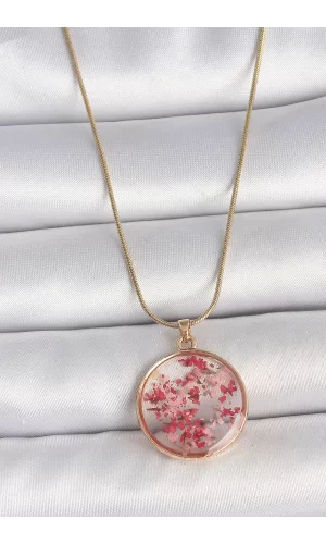316L Çelik Gold Renk Zincir Epoksi Doğal Çiçek Model Kadın Kolye