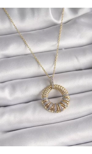 316L Çelik Gold Renk Zincir Gümüş Zirkon Taşlı Daire Model Kadın Kolye