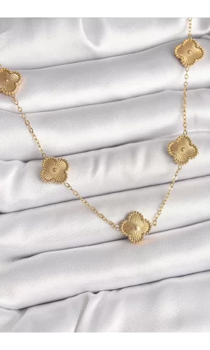 316L Çelik Gold Renk Zincir İşlemeli Yonca Model Kadın Kolye