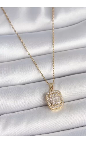 316L Çelik Gold Renk Zincir Kare Zirkon Taş Model Kadın Kolye