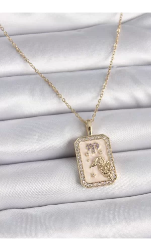 316L Çelik Gold Renk Zincir Koç Burcu Zirkon Taşlı Kadın Kolye