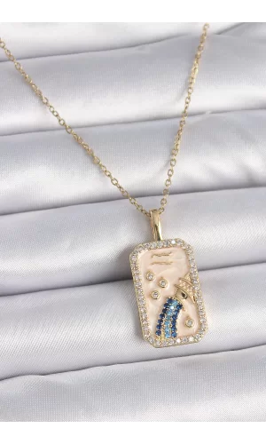 316L Çelik Gold Renk Zincir Kova Burcu Zirkon Taşlı Kadın Kolye