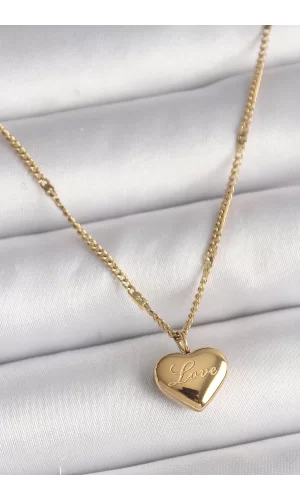 316L Çelik Gold Renk Zincir Love İşlemeli Kalp Figür Kadın Kolye