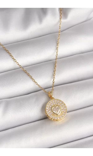 316L Çelik Gold Renk Zincir Madalyon Zirkon Taşlı Kalp Model Kadın Kolye