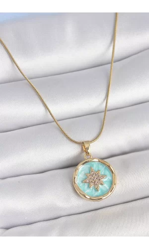 316L Çelik Gold Renk Zincir Mavi Mineli Zirkon Taşlı Kuzey Yıldız İşlemli Madalyon Model Kadın Kolye