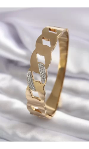 316L Çelik Gold Renk Zincir Model Zirkon Taş Detay Kadın Kelepçe