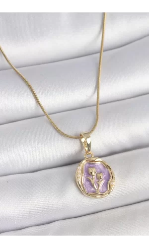 316L Çelik Gold Renk Zincir Mor Mineli Çiçek İşlemeli Portre Model Kadın Kolye