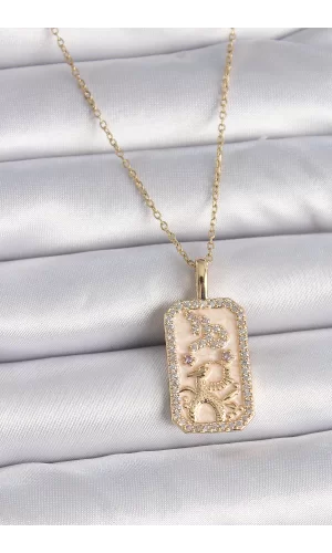 316L Çelik Gold Renk Zincir Oğlak Burcu Zirkon Taşlı Kadın Kolye
