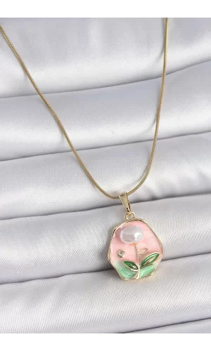 316L Çelik Gold Renk Zincir Pembe Çiçek İşlemeli İnci Detay Portre Model Kadın Kolye