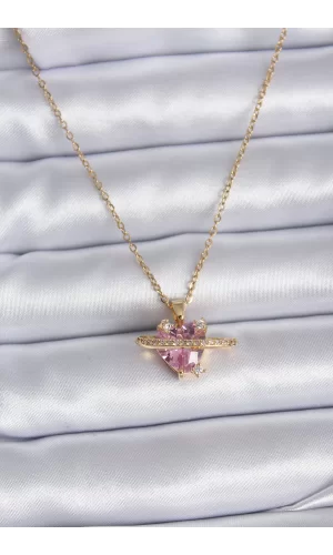 316L Çelik Gold Renk Zincir Pembe Kristal Kalp Model Zirkon Taş Detay Kadın Kolye