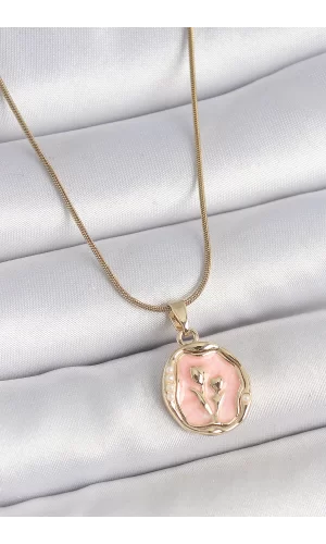 316L Çelik Gold Renk Zincir Pembe Mineli Çiçek İşlemeli Portre Model Kadın Kolye
