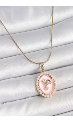 316L Çelik Gold Renk Zincir Pembe Mineli İncli Zirkon Taşlı Çiçek İşlemeli Portre Model Kadın Kolye