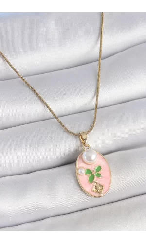 316L Çelik Gold Renk Zincir Pembe Mineli Oval İncili Çiçek İşlemeli Portre Model Kadın Kolye