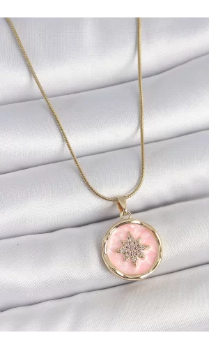316L Çelik Gold Renk Zincir Pembe Mineli Zirkon Taşlı Kuzey Yıldız İşlemeli Madalyon Model Kadın Kolye