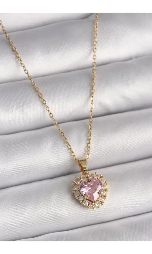 316L Çelik Gold Renk Zincir Pembe Zirkon Taşlı Kalp Model Kadın Kolye