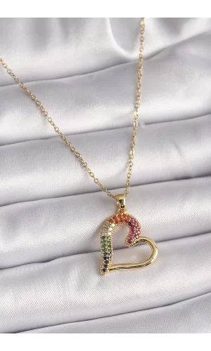 316L Çelik Gold Renk Zincir Renkli Zirkon Taşlı Kalp Model Kadın Kolye
