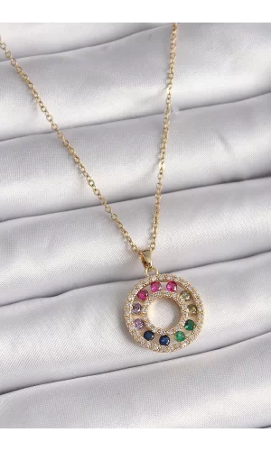 316L Çelik Gold Renk Zincir Renkli Zirkon Taşlı Madalyon Model Kadın Kolye