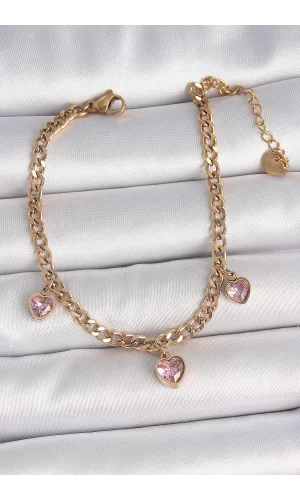 316L Çelik Gold Renk Zincir Sallantı Pembe Zirkon Taşlı Kalp Model Kadın Bileklik