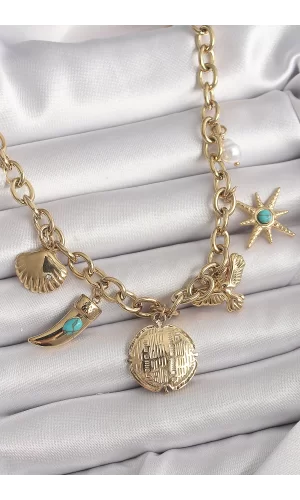316L Çelik Gold Renk Zincir Sallantılı Çoklu Figür Model Kadın Kolye
