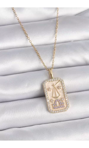 316L Çelik Gold Renk Zincir Terazi Burcu Zirkon Taşlı Kadın Kolye