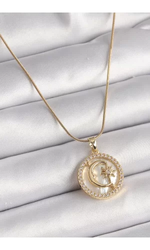 316L Çelik Gold Renk Zincir Zirkon Taş Detaylı Beyaz Sedefli Ay Yıldız Model Kadın Kolye