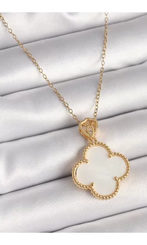 316L Çelik Gold Renk Zincir Zirkon Taş Detaylı Beyaza Yonca Model Kadın Kolye