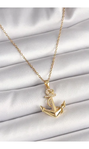 316L Çelik Gold Renk Zincir Zirkon Taş Detaylı Çapa Model Kadın Kolye