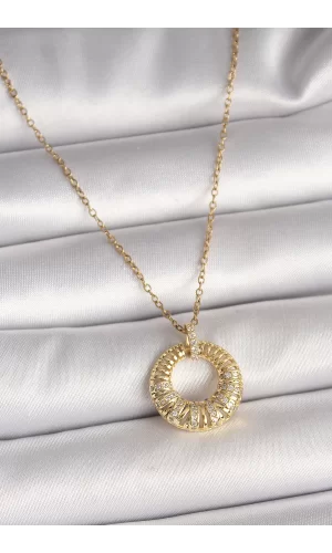 316L Çelik Gold Renk Zincir Zirkon Taş İşlemeli Daire Model Kadın Kolye